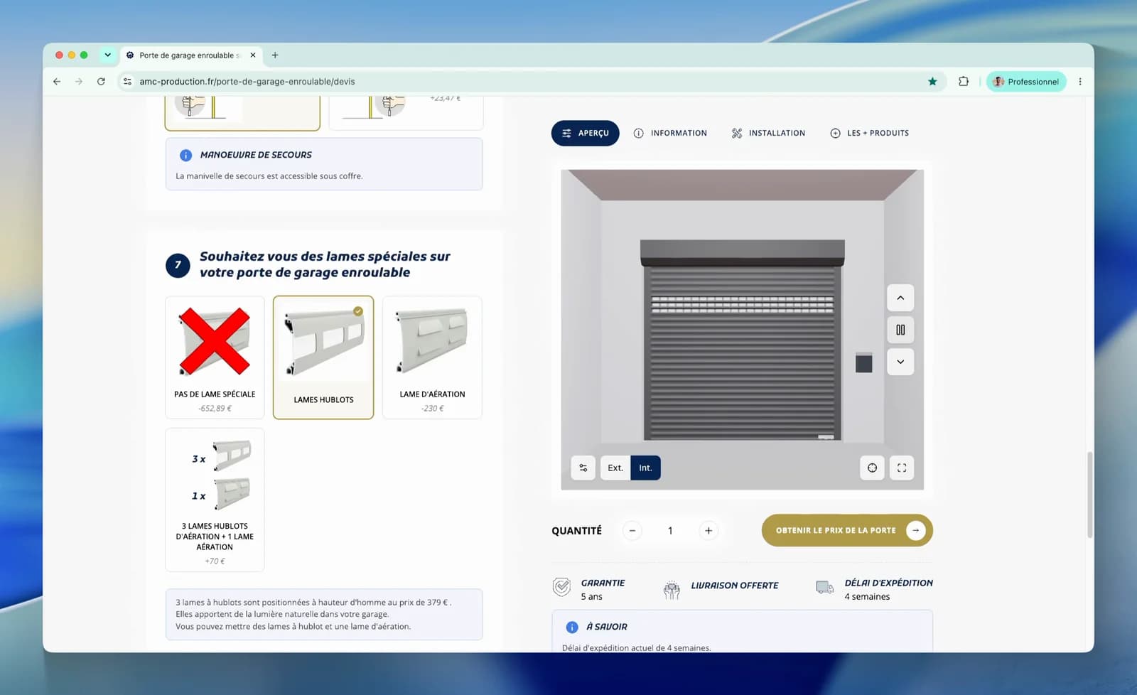 Configurateur de porte de garage enroulable sur le site d'AMC Production, avec la vue 3D intégrée à côté des options