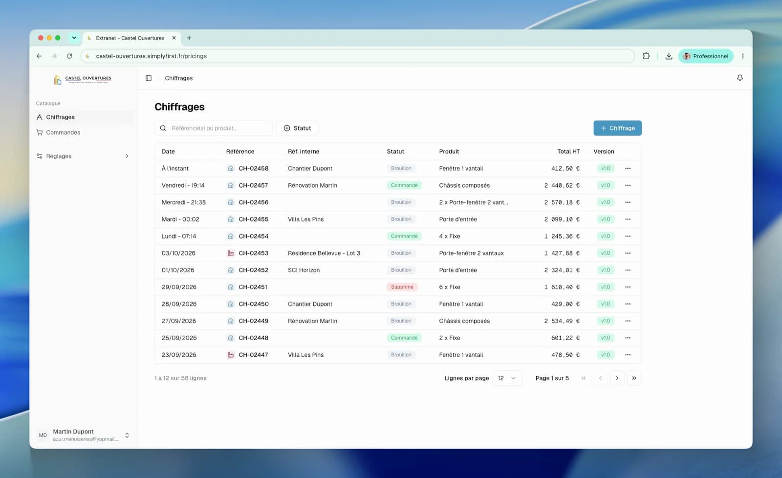 Extranet de Castel Ouvertures, accessible depuis l'espace pro de son site