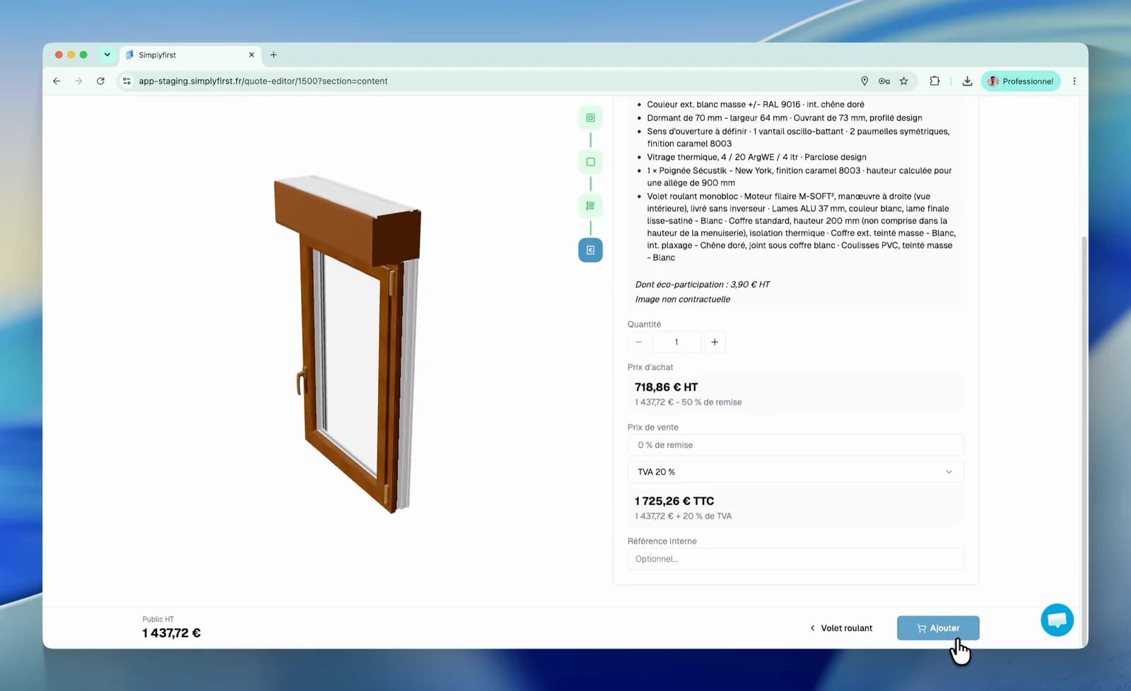 Fenêtre PVC Castel Ouvertures avec volet roulant, en rendu 3D dans le configurateur, avec son descriptif et son prix
